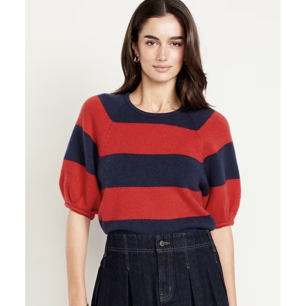 NWT Old Navy Women's Size 3X Red Blue Striped Knit Pullover Puff  Sleeve Sweater
